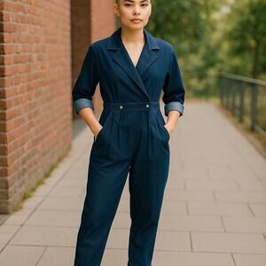 Women’s Vintage 80s Mizz Lizz Snap Button Dark Denim Long sleeve Jumpsuit 11/12